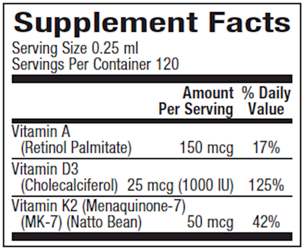Vitamin K2, D3 and A Supplement Facts Label