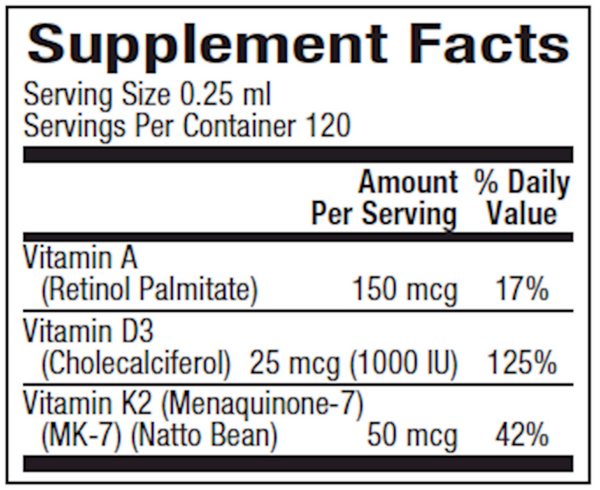 Vitamin K2, D3 and A Supplement Facts Label