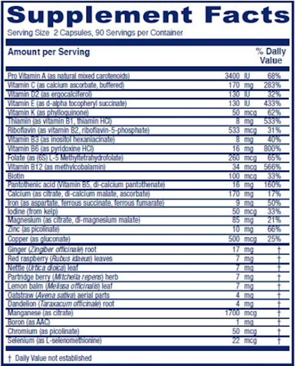 Maternal Symmetry Supplement Facts Label