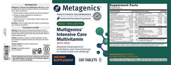 Multigenics Intensive Care-Iron Supplement Facts Label