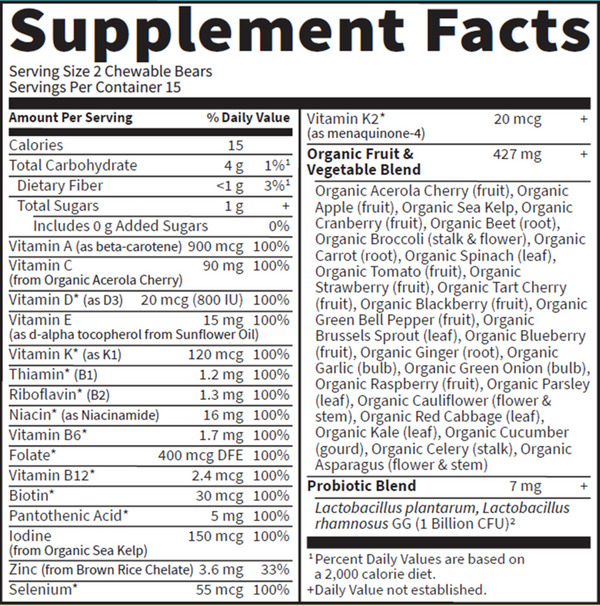 Vitamin Code Kids Chewable Multi Supplement Facts Label