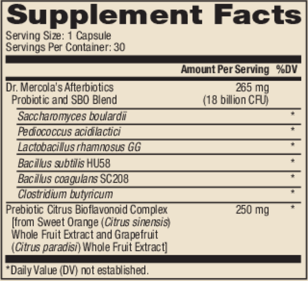 Complete Afterbiotics Supplement Facts Label