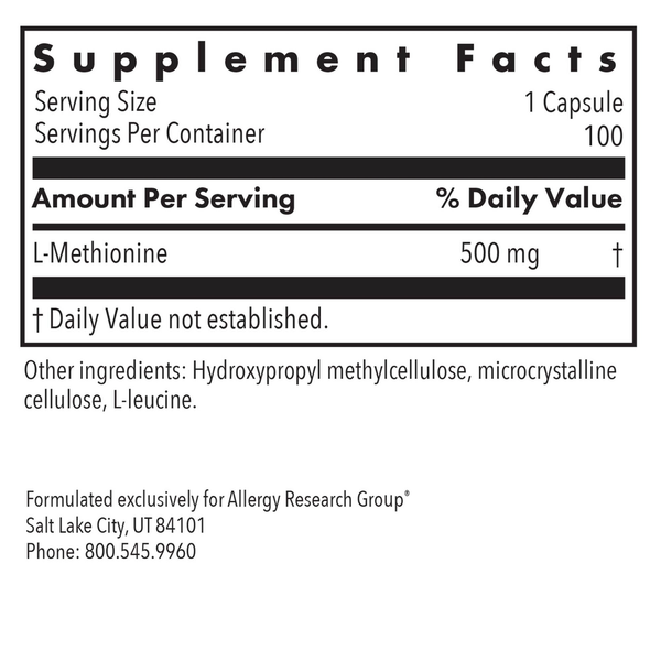 L-Methionine 500 Mg Supplement Facts Label