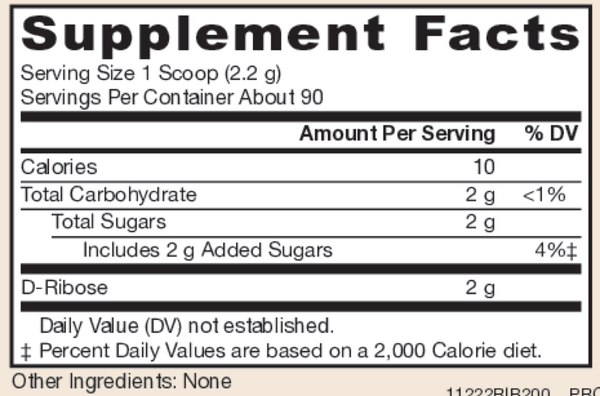 D-Ribose Powder (100% Pure) 200 Grams Supplement Facts Label