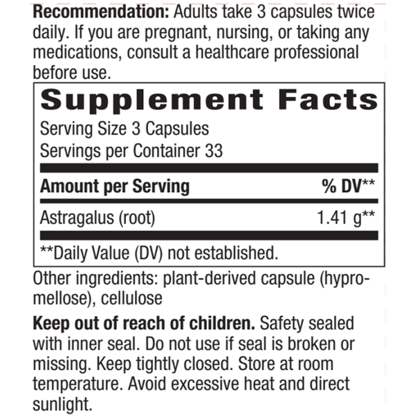 Astragalus Root veg capsules Supplement Facts Label