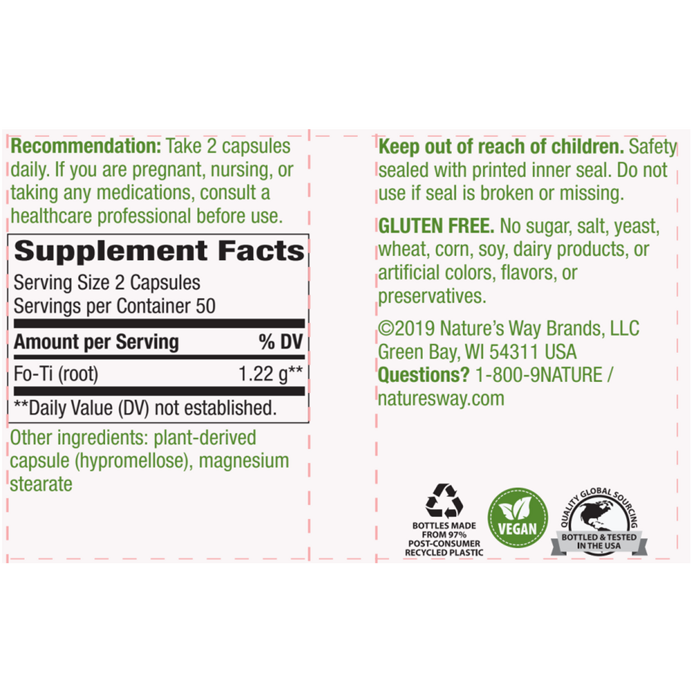 Fo-Ti Root 610 mg Supplement Facts Label