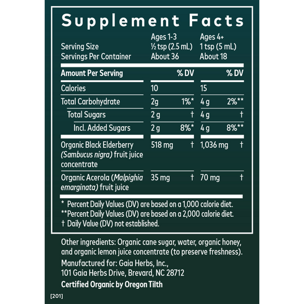 Kids Black Elderberry Syrup Supplement Facts Label