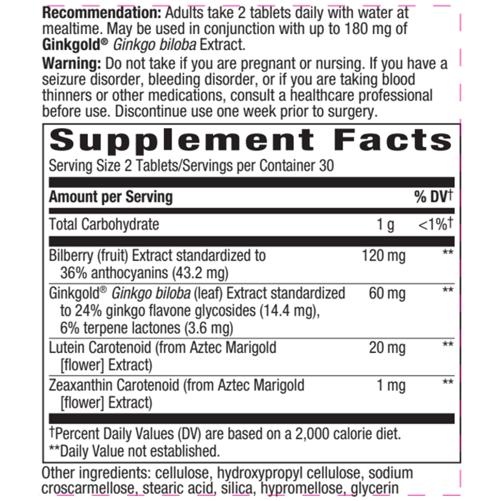 Ginkgold Eyes 60 tabs Supplement Facts Label