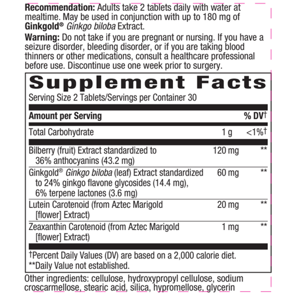 Ginkgold Eyes 60 tabs Supplement Facts Label