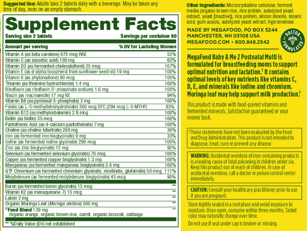 Baby & Me 2 Postnatal Multi Supplement Facts Label