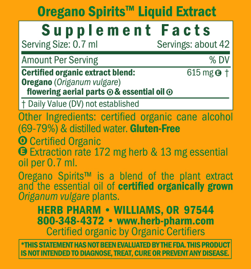 Oregano Spirits/Origanum vulgare Supplement Facts Label