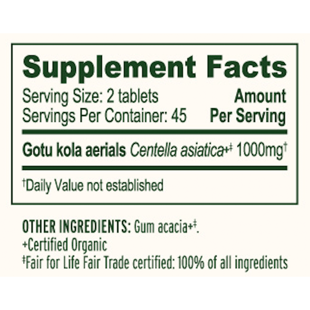 Brahmi/Gotu Kola Tablets Supplement Facts Label