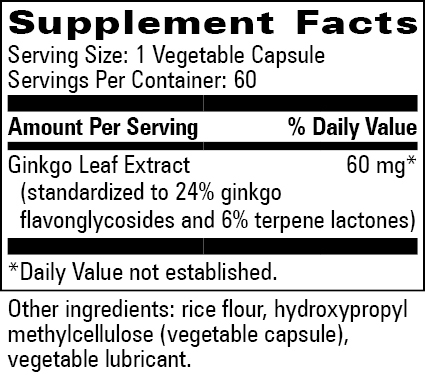 Ginkgo Biloba 60 Supplement Facts Label