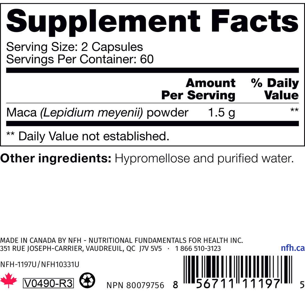 Maca SAP Supplement Facts Label