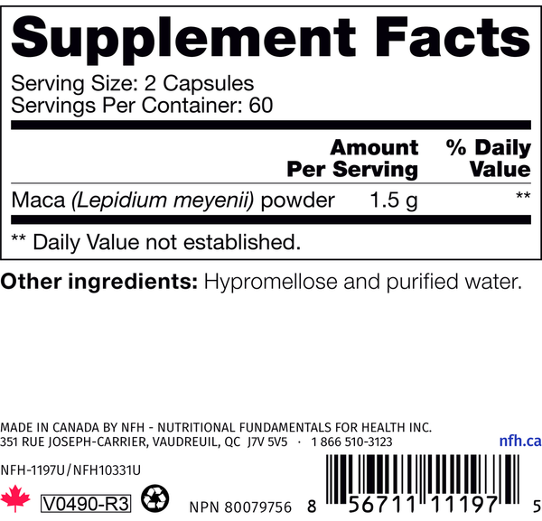 Maca SAP Supplement Facts Label