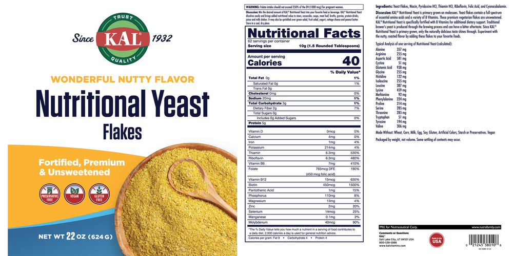 Nutri Yeast Flakes Unflavored Supplement Facts Label