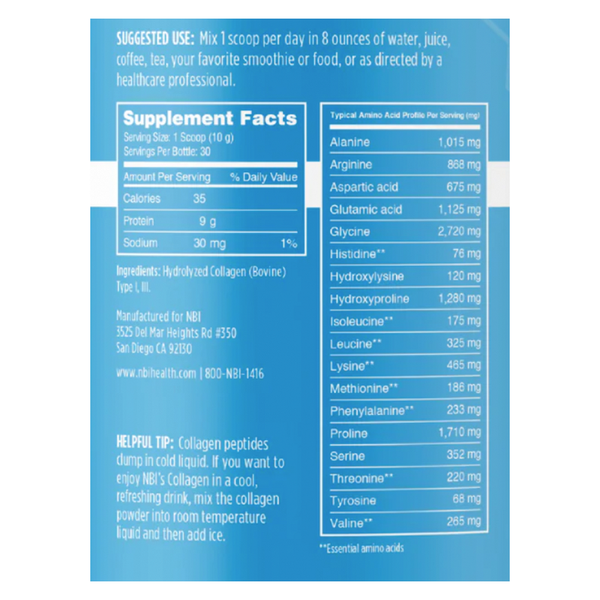 Collagen Types I & III Powder Supplement Facts Label