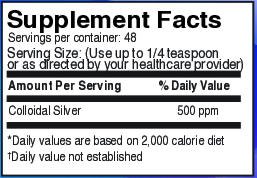 Colloidal Silver 500 ppm Supplement Facts Label