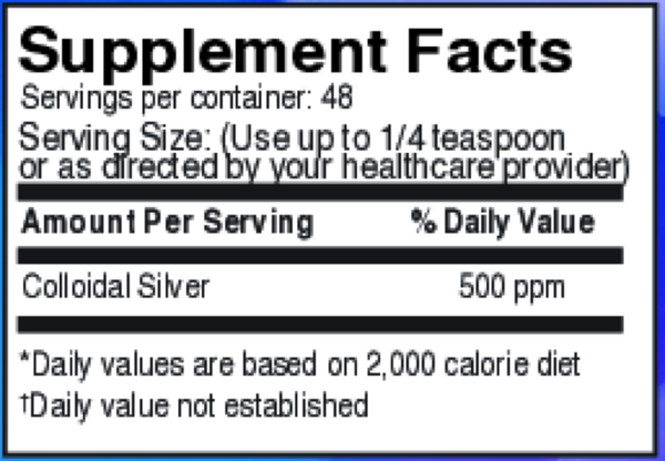 Colloidal Silver 500 ppm Supplement Facts Label
