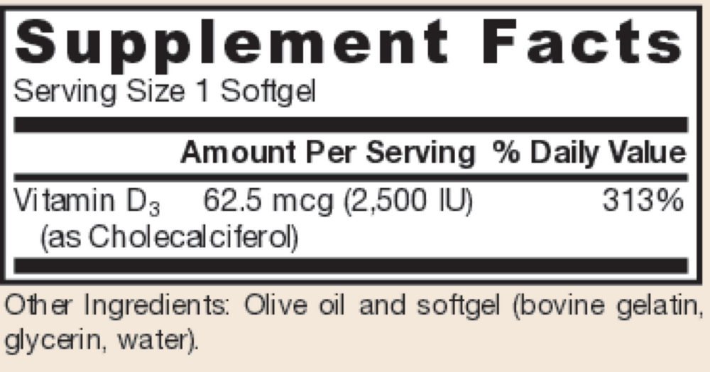 Vitamin D3 2500 IU Supplement Facts Label