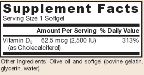 Vitamin D3 2500 IU Supplement Facts Label