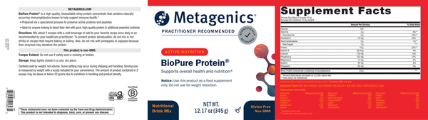 BioPure Protein Supplement Facts Label