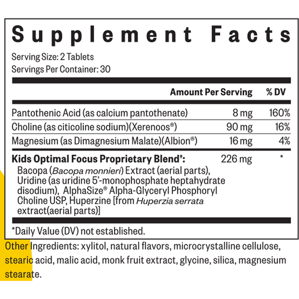 Kids Optimal Focus Supplement Facts Label
