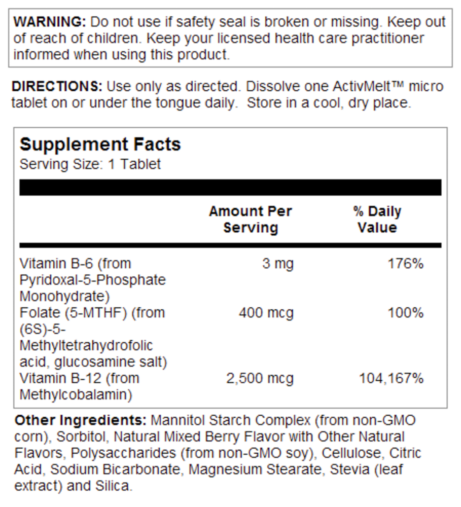 B6 B12 Methyl Folate ActivMelt Berry Supplement Facts Label