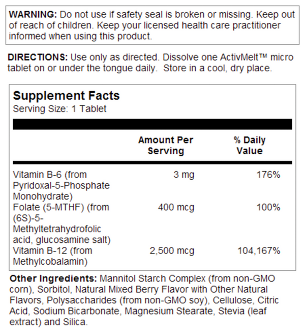 B6 B12 Methyl Folate ActivMelt Berry Supplement Facts Label