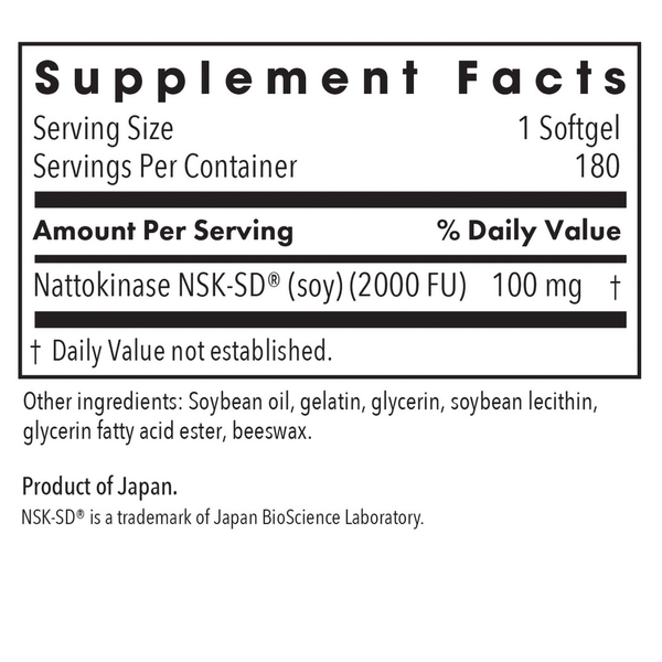 Nattokinase 100 mg NSK-SD® 180 Count Supplement Facts Label