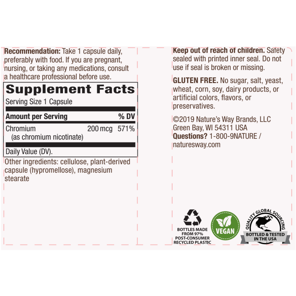 Chromium GTF 200 mcg Supplement Facts Label