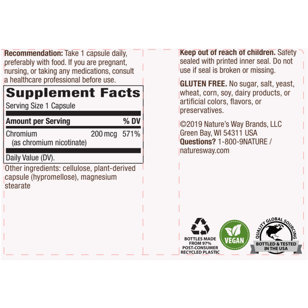 Chromium GTF 200 mcg Supplement Facts Label