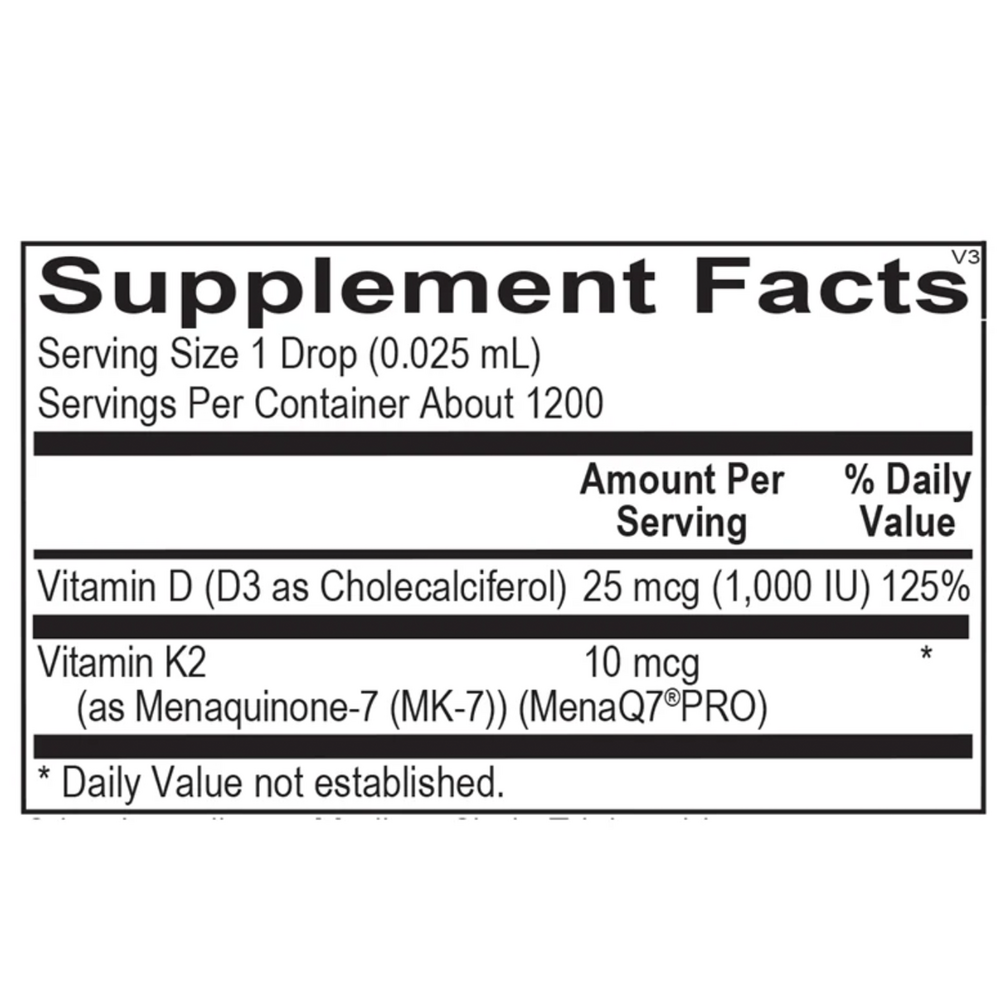Vitamin D3 with K2 Liquid Supplement Facts Label
