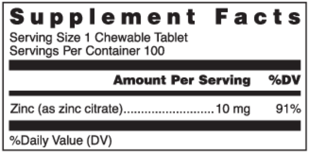 KLEAN ZINC Supplement Facts Label