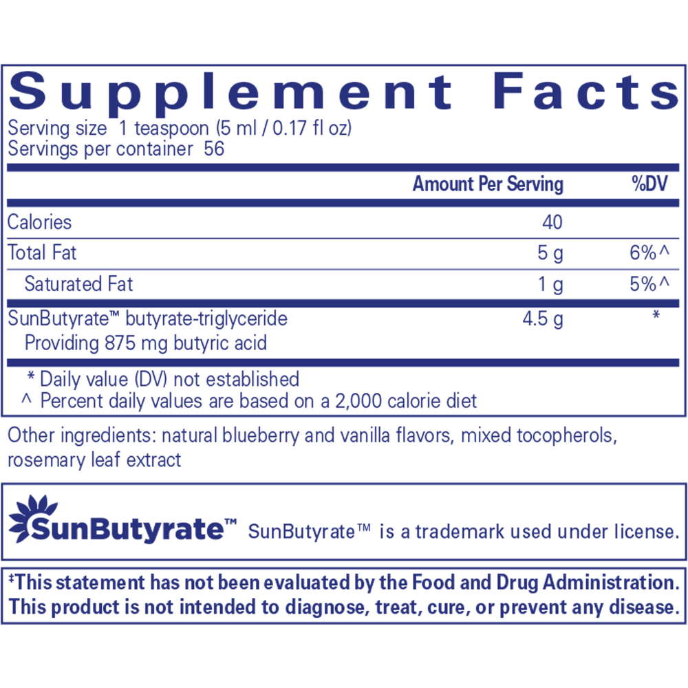 Sunbutyrate TG-liquid Supplement Facts Label