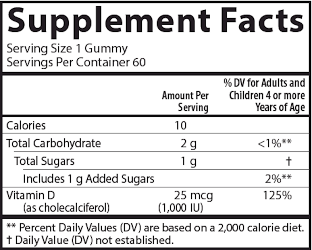 Kid's Vitamin D3 Gummies Supplement Facts Label