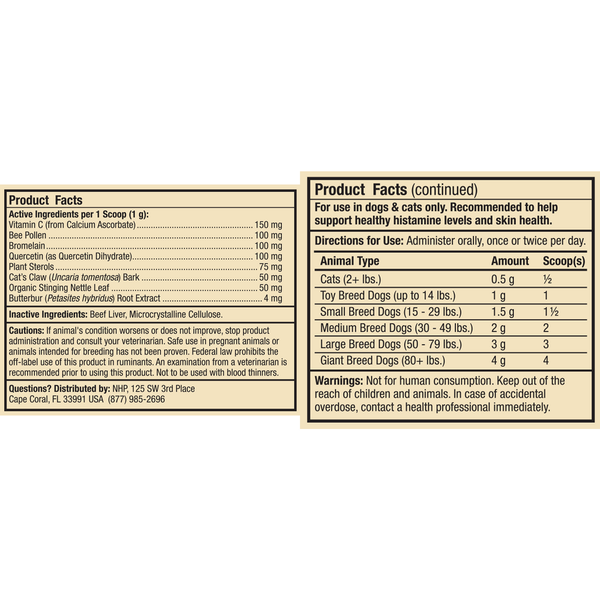 Pet Seasonal Support Supplement Facts Label