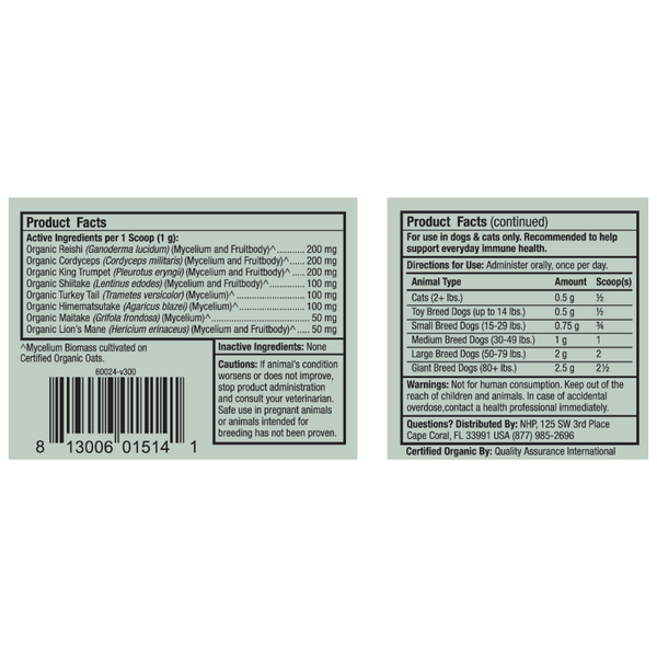 Fermented Mushroom Blend for Pets Supplement Facts Label