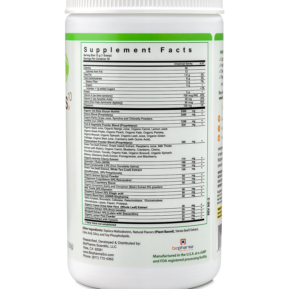 NanoGreens10 Green Apple Supplement Facts Label