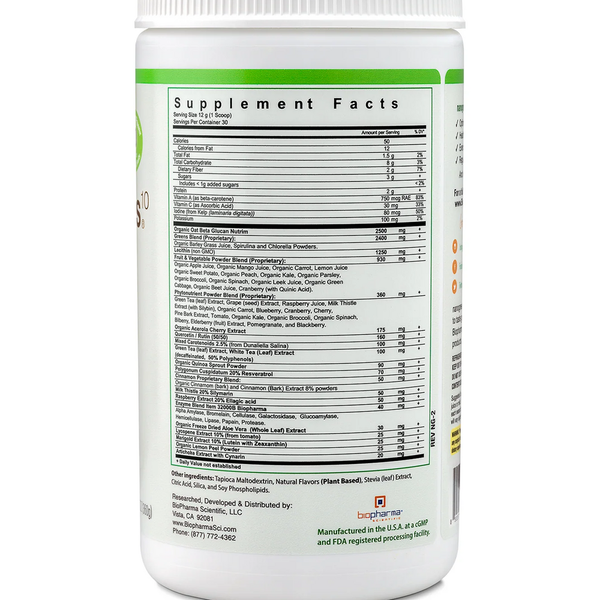 NanoGreens10 Green Apple Supplement Facts Label