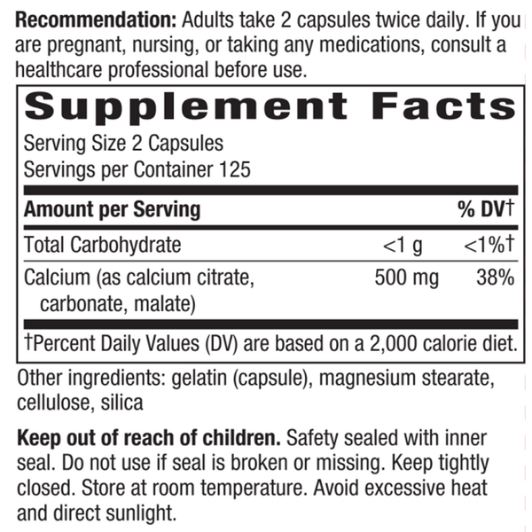 Calcium Citrate 250 capsules Supplement Facts Label