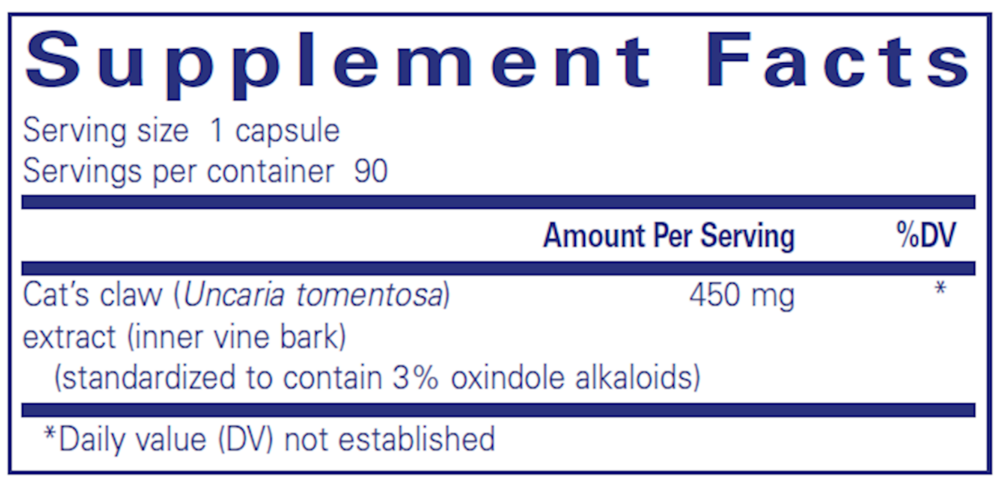 Cat's Claw 180 Count Supplement Facts Label