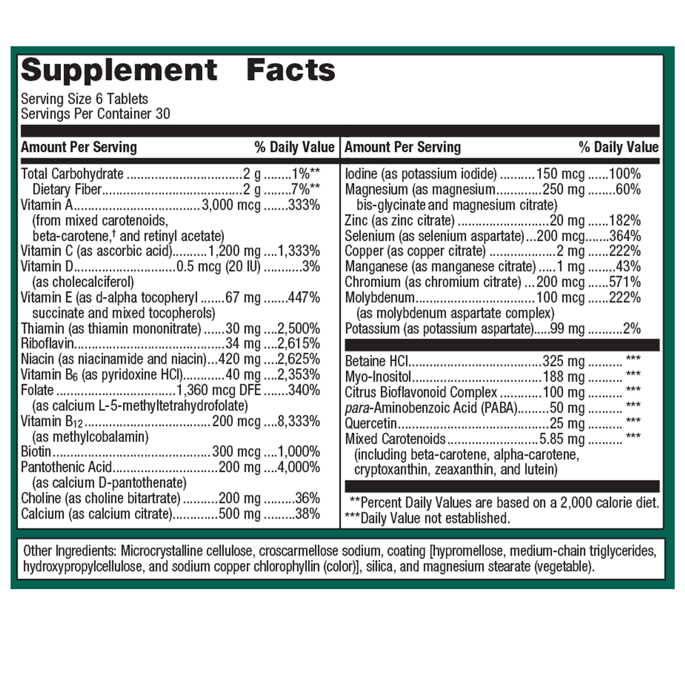 Multigenics without Iron Supplement Facts Label