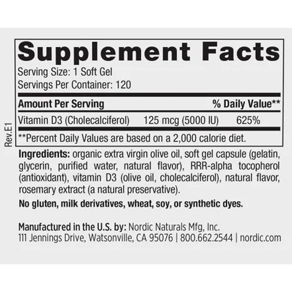 Vitamin D3 5000 120 Soft Gels Orange Supplement Facts Label