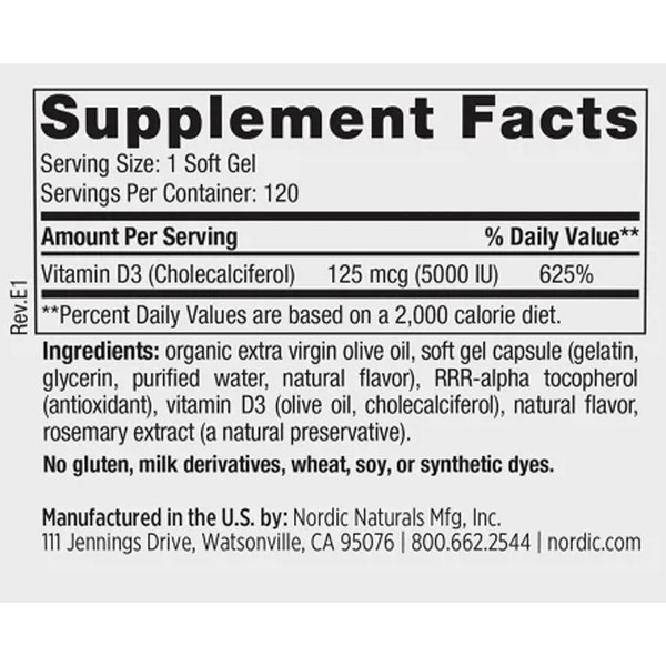 Vitamin D3 5000 120 Soft Gels Orange Supplement Facts Label