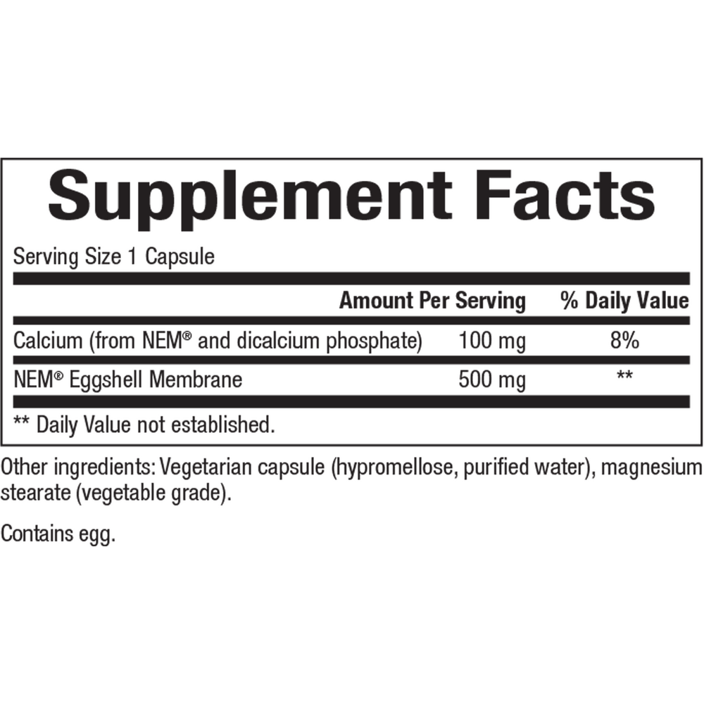 NEM Eggshell Membrane Supplement Facts Label