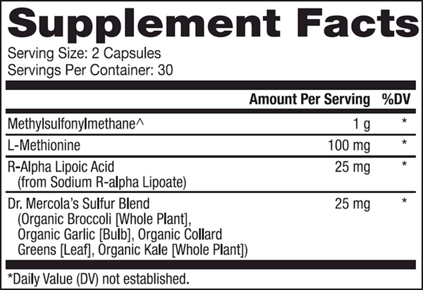 MSM with Organic Sulfur Complex Supplement Facts Label