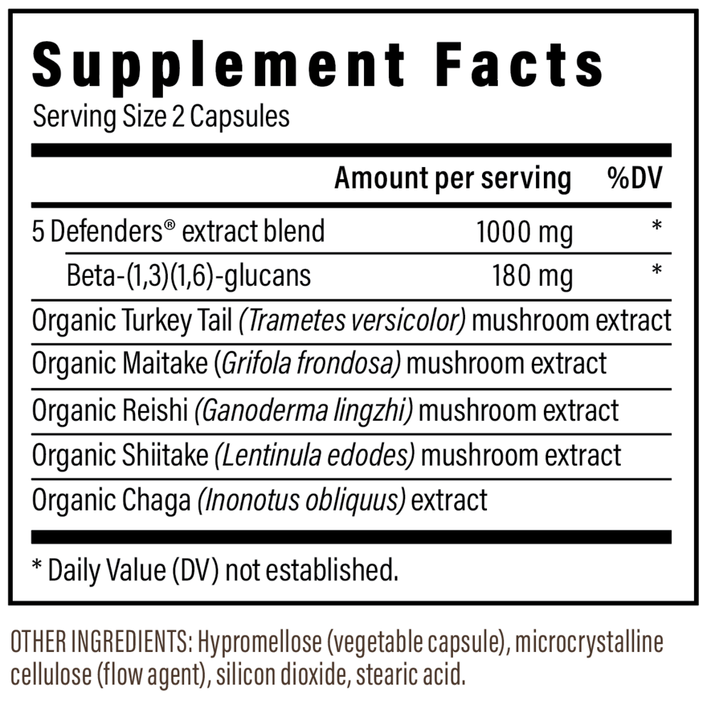 5 Defenders Mushroom Extract Capsules Supplement Facts Label