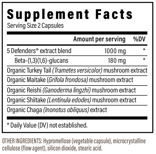 5 Defenders Mushroom Extract Capsules Supplement Facts Label