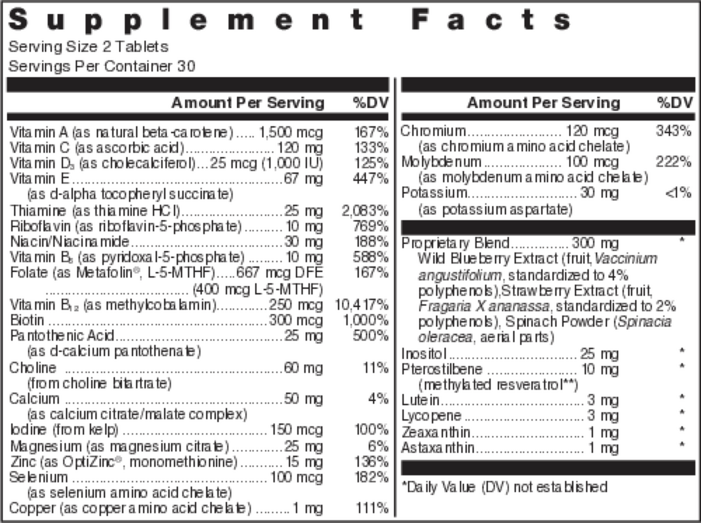 Klean Multivitamin Supplement Facts Label
